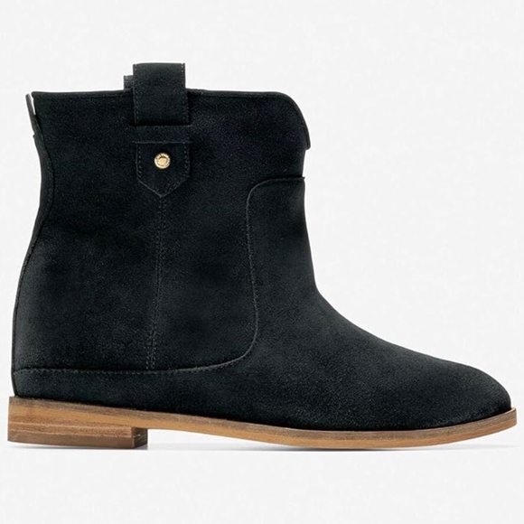 Cole Haan Rayna Wedge Bootie Black Almond Toe Suede Leather Ankle Boots 7.5 - Picture 6 of 13